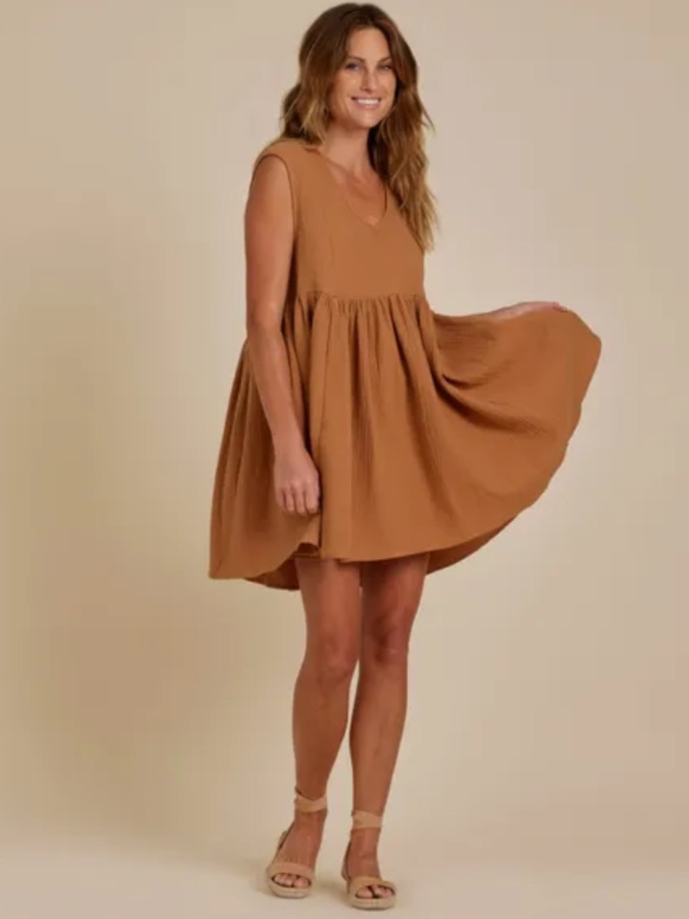 Rylee + Crew Avery Dress 100% Cotton Sz S Gauze Camel Babydoll